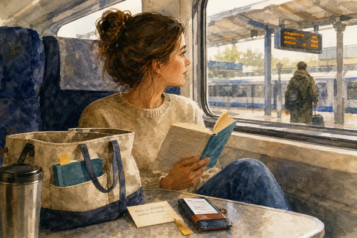 Young woman with hair in a bun sitting on a train reading a book and looking out the window at a platform