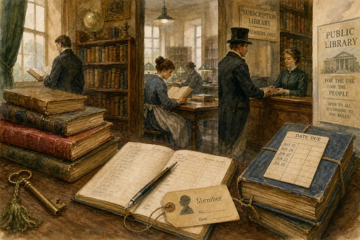 Victorian-era library interior with people reading and borrowing books under warm lighting