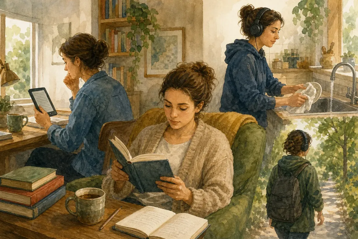 Four scenes of a woman engaged in different activities including reading a book, using an e-reader, washing dishes, and walking outside with headphones