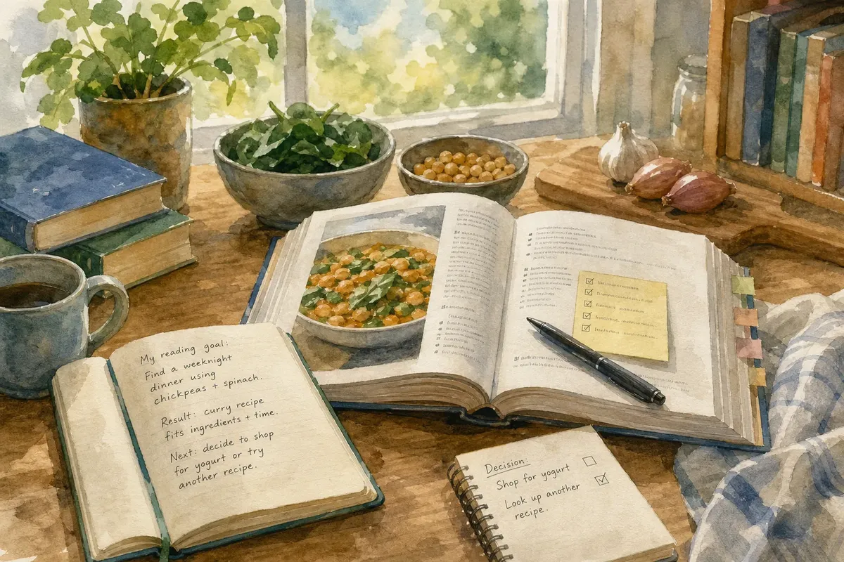 Wooden kitchen table with open cookbooks, handwritten notes, bowls of chickpeas and spinach, garlic, shallots, and a coffee cup