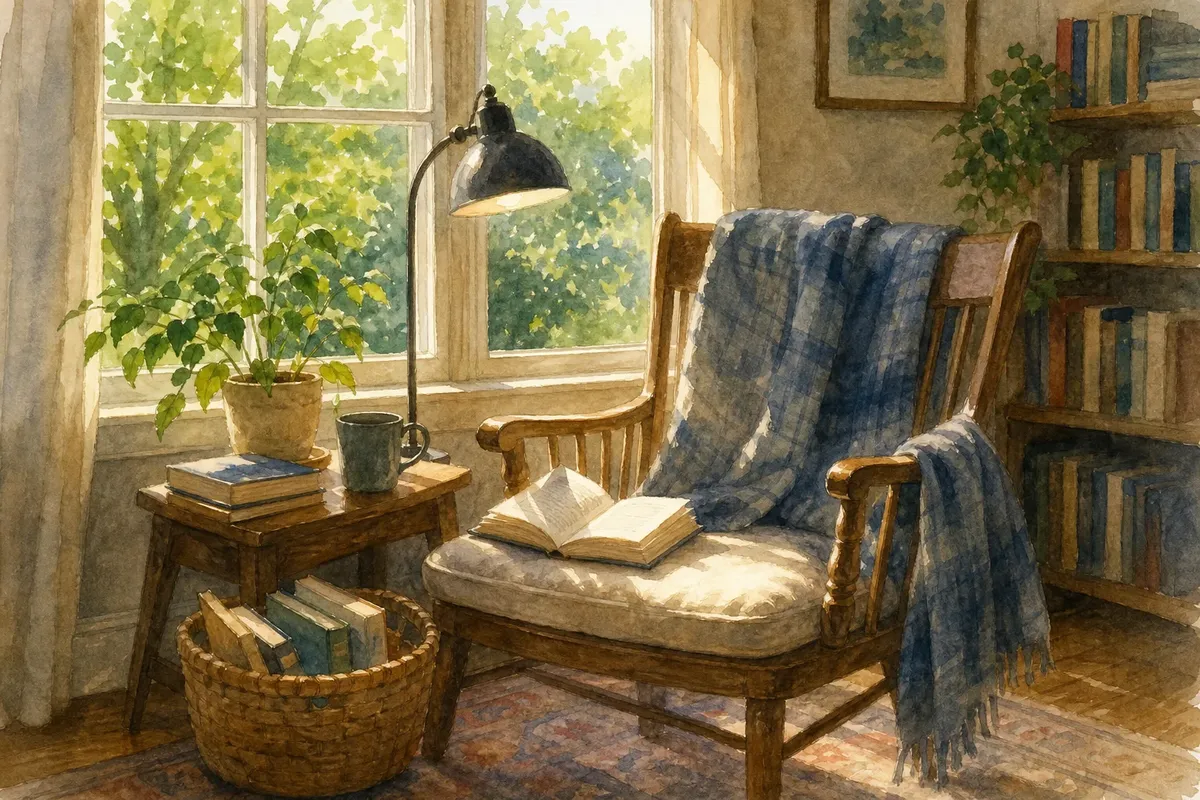 Cozy reading nook with wooden chair, open book, blue plaid blanket, and sunlight through window