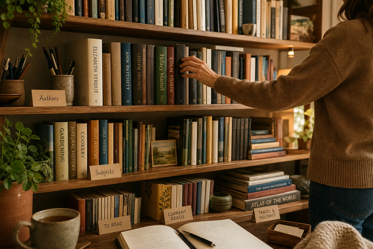 Person reaching for book on wooden bookshelf organized by categories in warm cozy room