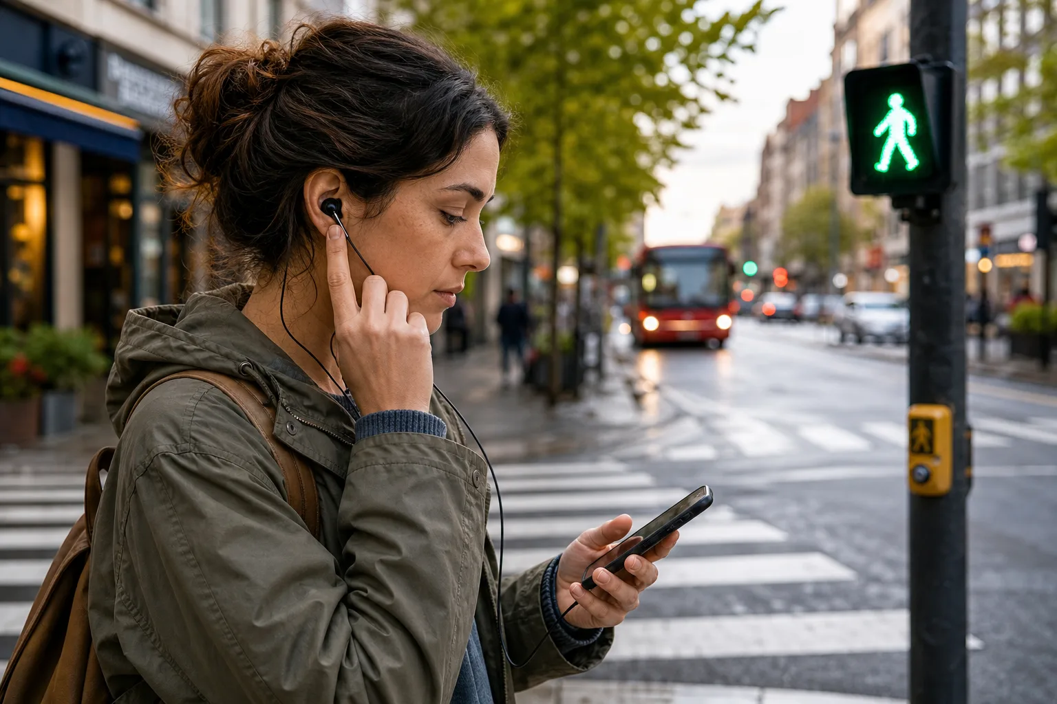 Woman standing at a city crosswalk wearing earphones and using a smartphone with traffic light showing walking signal