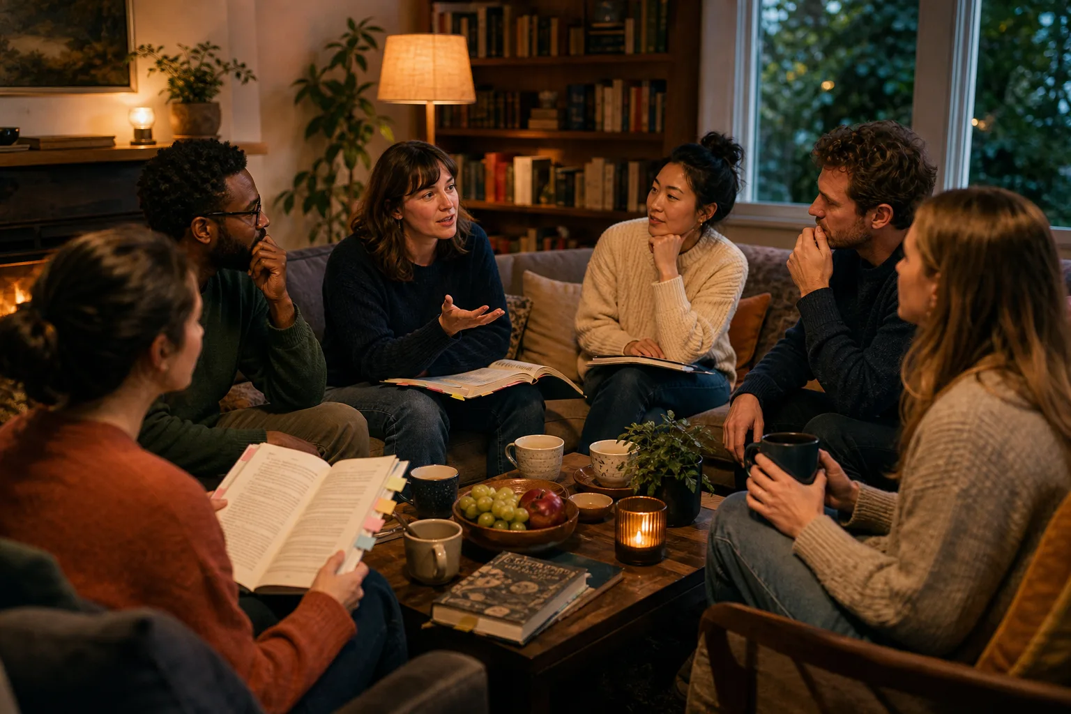 Six people sitting in a cozy living room at night with books and drinks discussing around a coffee table