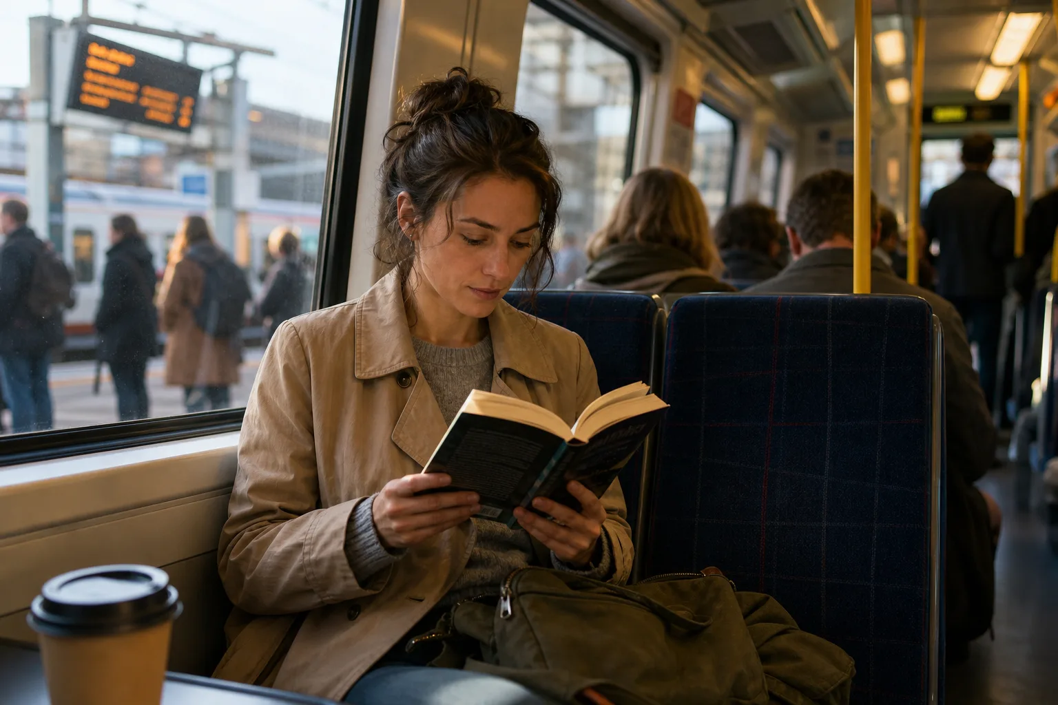 Woman in beige coat reading a book while sitting on a train near the window with a coffee cup nearby