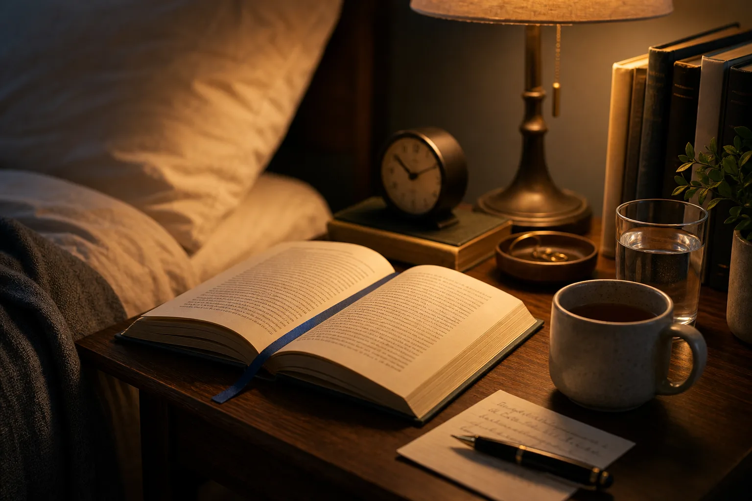 Open book on wooden bedside table lit by warm lamp light with alarm clock and cup nearby